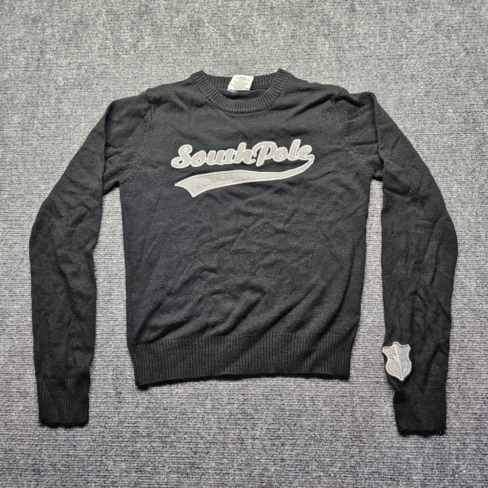 Southpole Mens Black Cashmere Like Acrylic Crewneck Sweater Script Logo Large